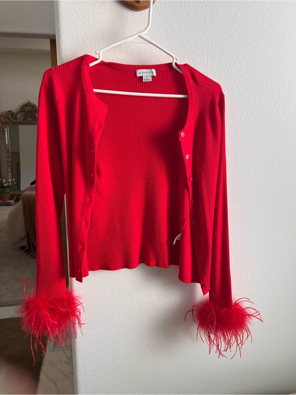 Gianni Bini Red Feather-Cuff Button Cardigan